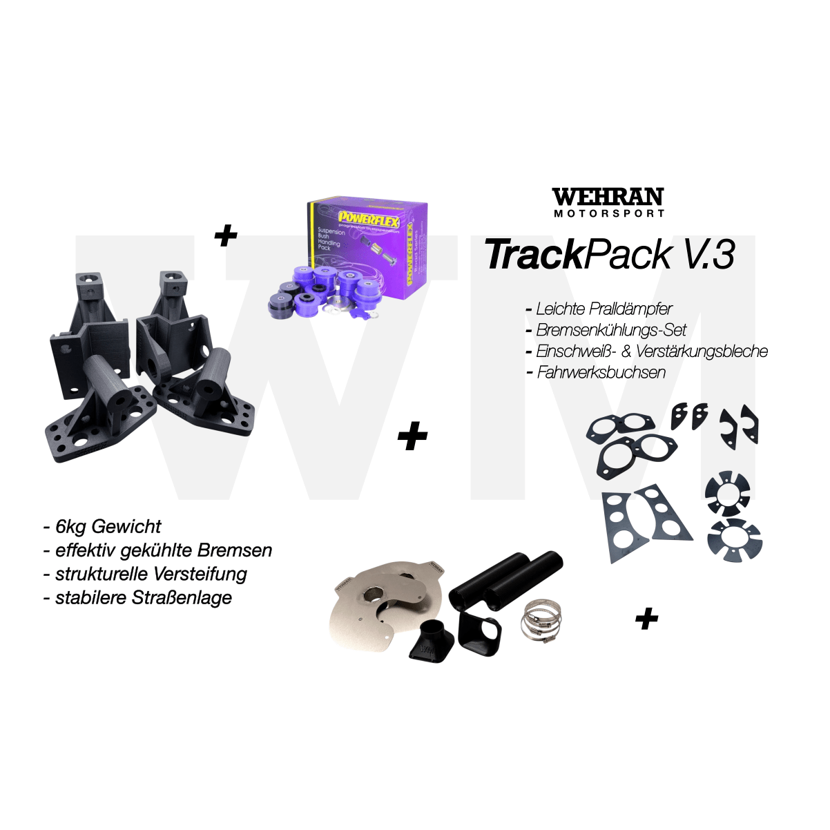 TrackPack V.3 – Bremsenkühlung, Verstärkung & Powerflex PU - Buchsen passend für BMW E36 Tracktool Paket - WEHRAN MOTORSPORT